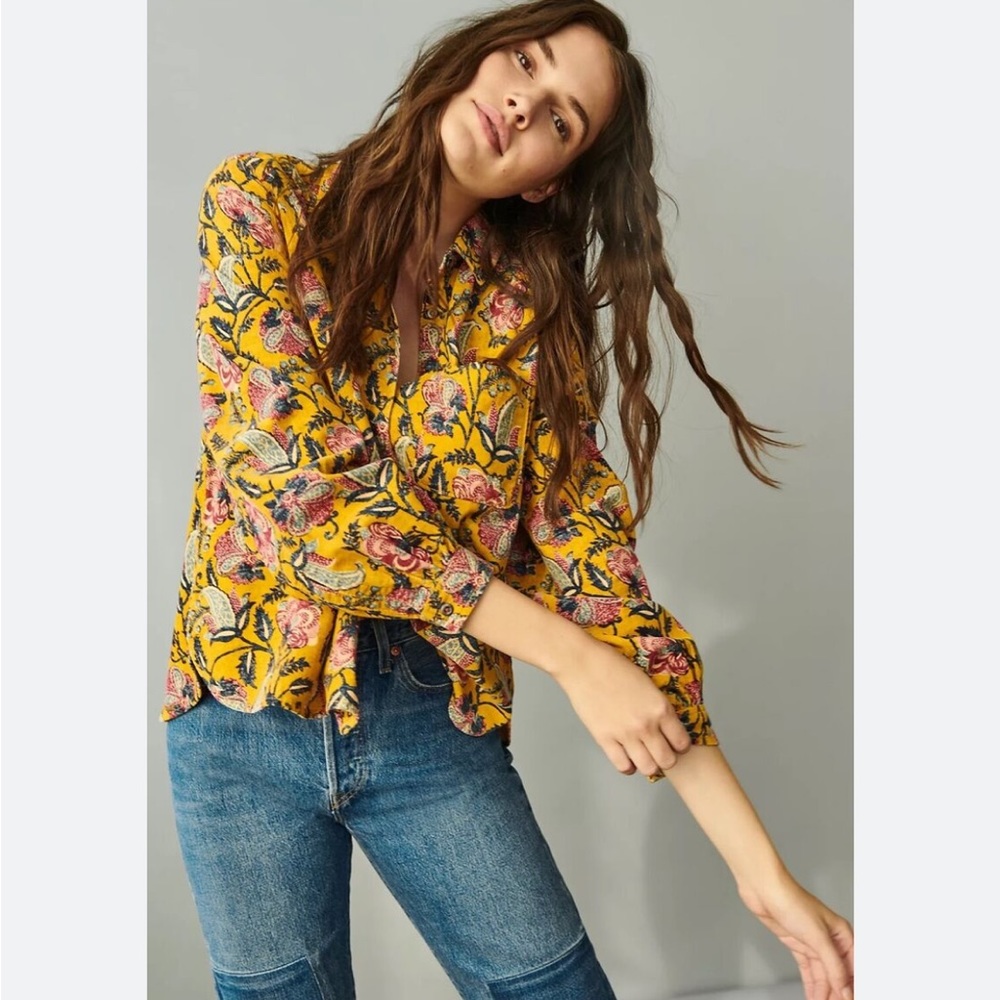 Anthropologie corduroy yellow paisley Pilcro top size  L Large like new